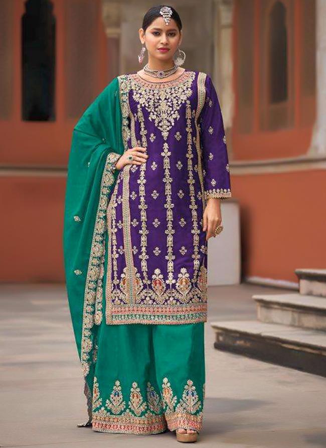 Pure Chinnon Purple Wedding Wear Embroidery Work Readymade Plazzo Suit